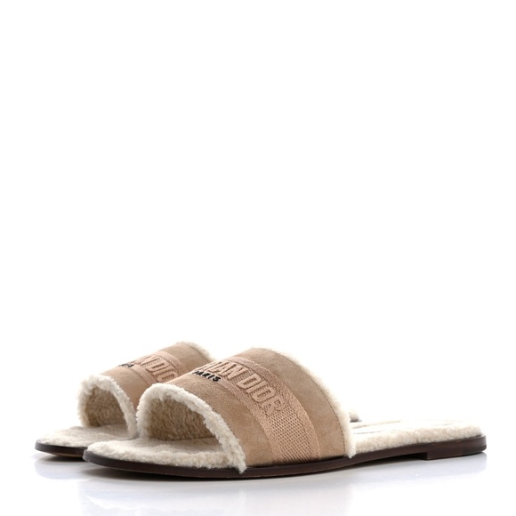 CHRISTIAN DIOR  Suede Goatskin Shearling Embroidered Dway Slide Sandals 41 Cooki - Picture 4 of 12